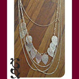 Gold Tone Multi-Layered Chain Sweater Necklace With Leaf Designs For Women/Teens